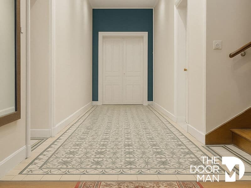 Couloir d’une maison meulière Couloir d'une maison meulière à Rambouillet avec carrelage décoratif et portes blanches.