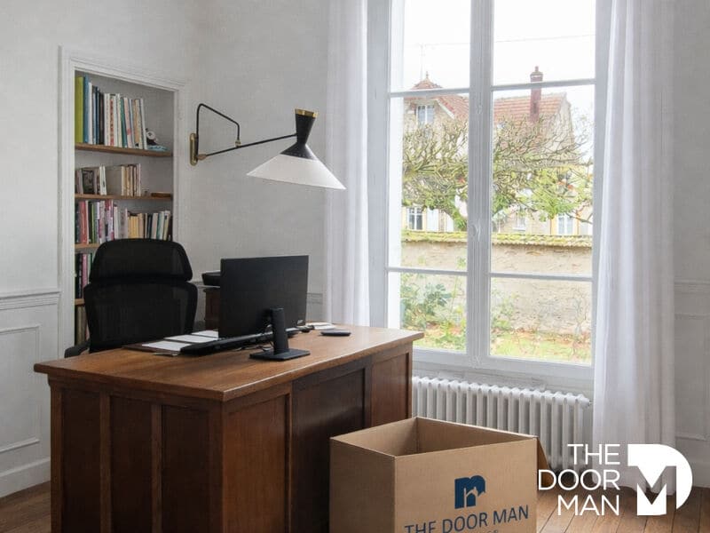 Bureau dans une maison meulière Bureau dans une maison de style meulière à Rambouillet, avec une fenêtre donnant sur le jardin.