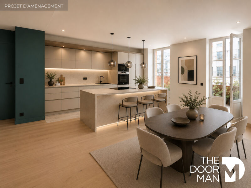 Appartement T4 rénové à Dinard Intérieur d'un appartement T4 moderne avec cuisine ouverte et salle à manger, Dinard.