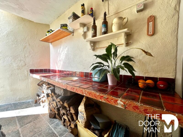 Intérieur d'une maison avec un bar en carrelage rouge, des étagères et une plante.