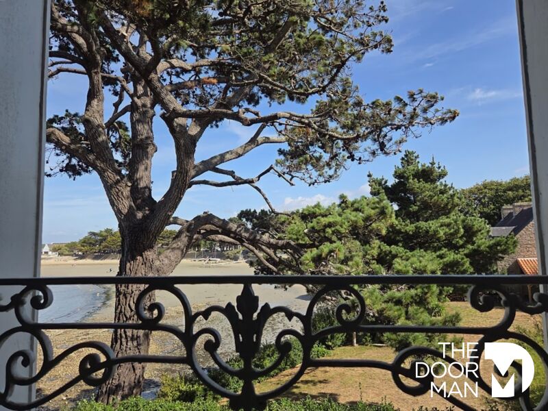 Vue sur la plage de Sorlock Vue depuis un balcon avec un arbre et la plage de Sorlock en arrière-plan.