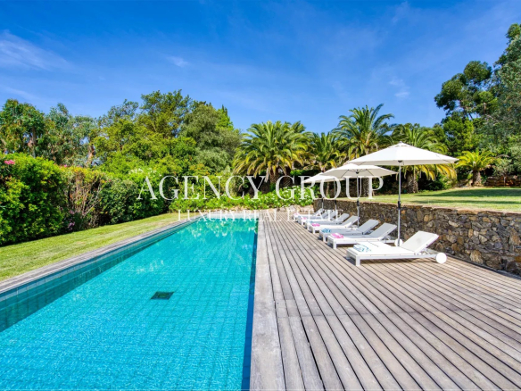 Sunny backyard pool area with a long turquoise pool, wooden deck, white lounge chairs, and large umbrellas surrounded by tropical greenery and palm trees.