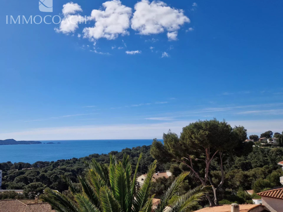 Coastal hillside with red-tiled roofs, palm trees, and a blue sea under a clear sky; tranquil seaside view.