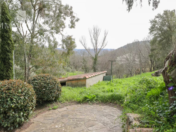 Stone patio path bordered by trimmed hedges leads to a grassy garden with a low tiled wall and a distant hillside view.