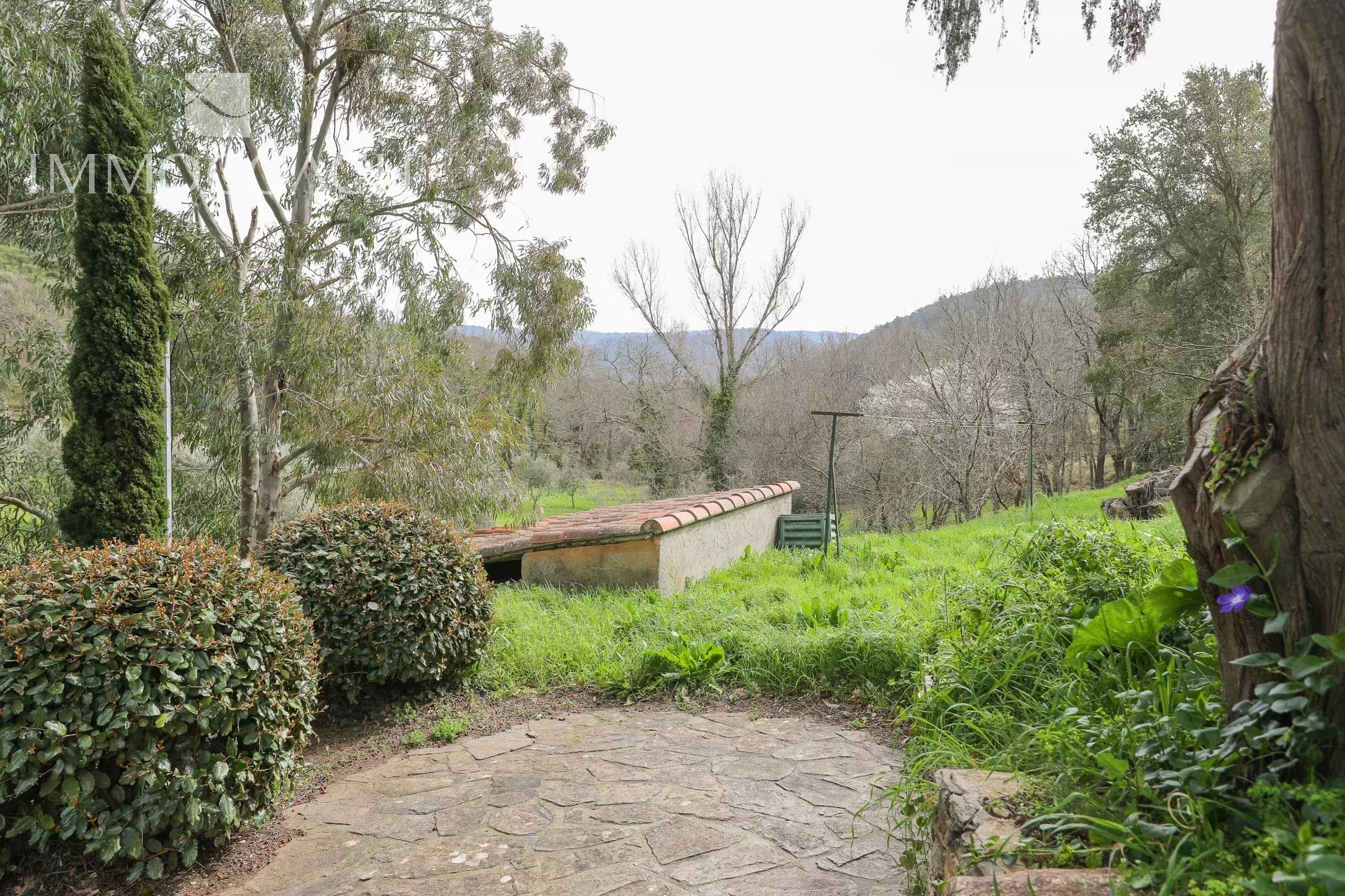 Stone patio path bordered by trimmed hedges leads to a grassy garden with a low tiled wall and a distant hillside view.