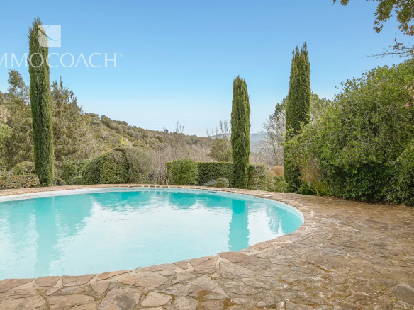 Kidney-shaped pool with turquoise water, bordered by a stone patio and tall cypress trees against a hilly landscape under a clear blue sky.