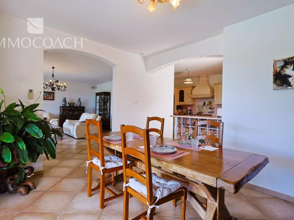 Open-plan dining area with a wooden table and six chairs, a large green plant on the left, and archways to a living room and kitchen in the background.