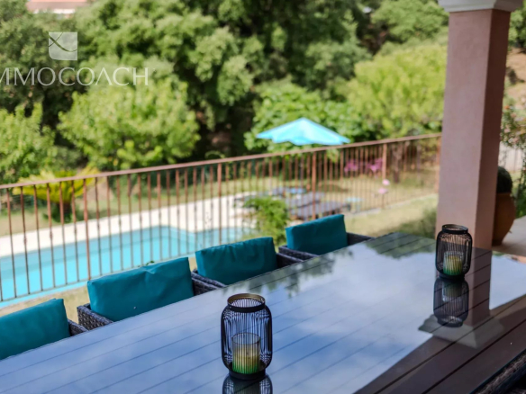 Patio scene with glass table, teal cushions, blue lanterns, and a pool beyond; ImmoCoach watermark visible.