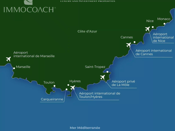 Map of the French Riviera coast showing labeled airports and towns (Marseille, Toulon, Hyères, Cannes, Nice) with the Mediterranean Sea below.