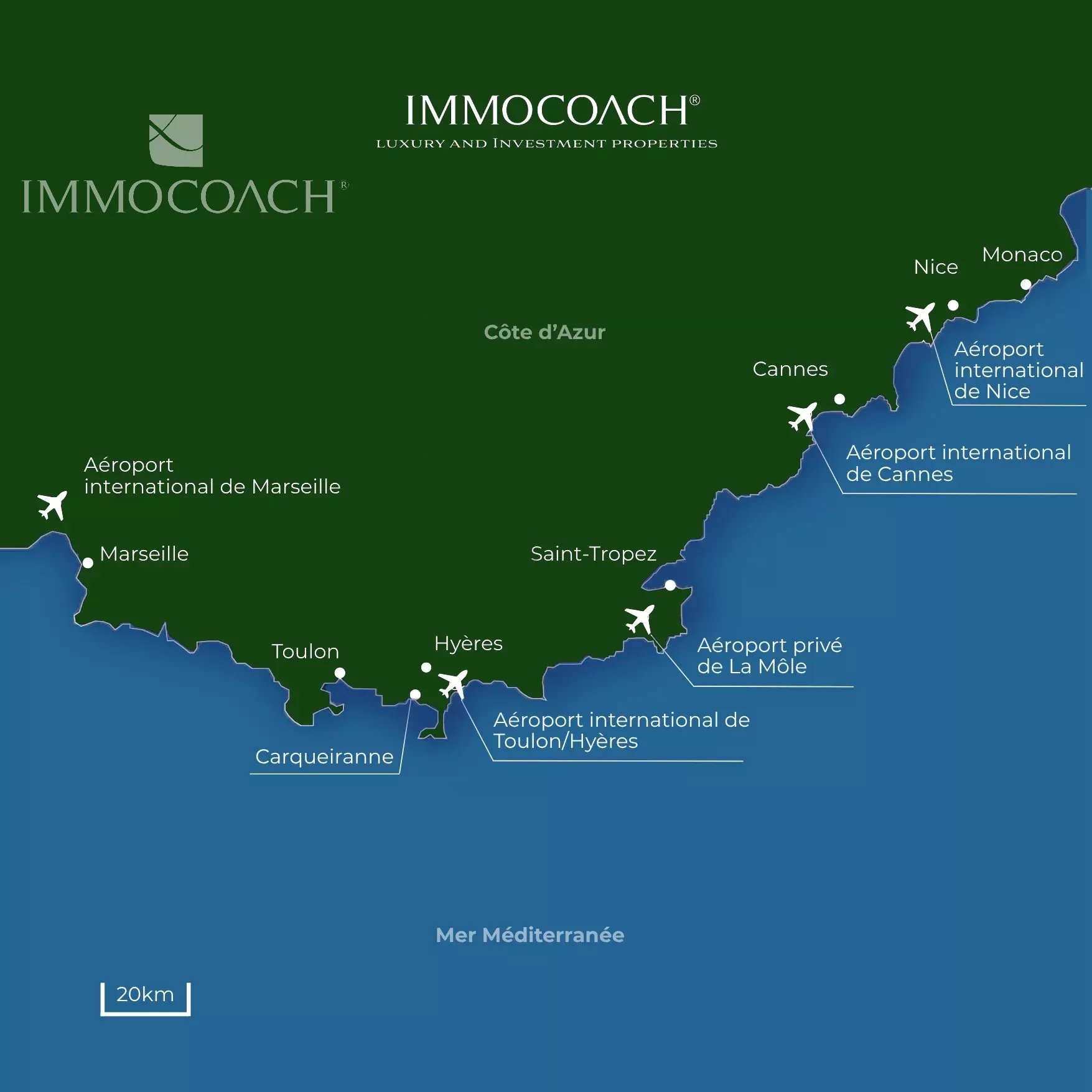 Map of the French Riviera coast showing labeled airports and towns (Marseille, Toulon, Hyères, Cannes, Nice) with the Mediterranean Sea below.
