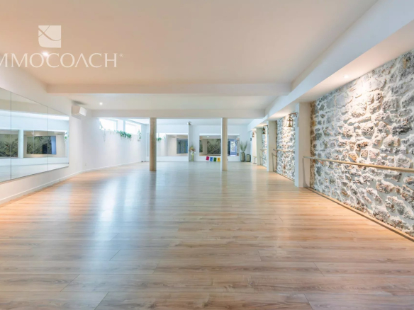 Spacious dance or fitness studio with a mirrored wall on the left, stone wall with a barre on the right, and warm wooden flooring.