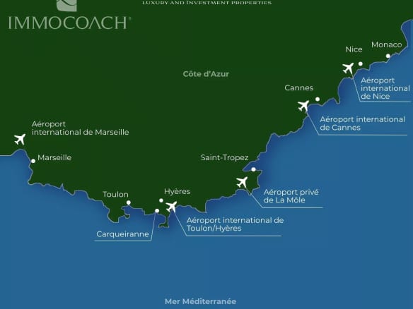 Carte de la Côte d'Azur avec les aéroports et localités, incluant Toulon.