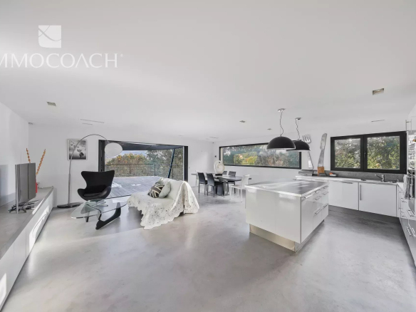 Modern villa interior with open-plan kitchen and dining area, overlooking nature
