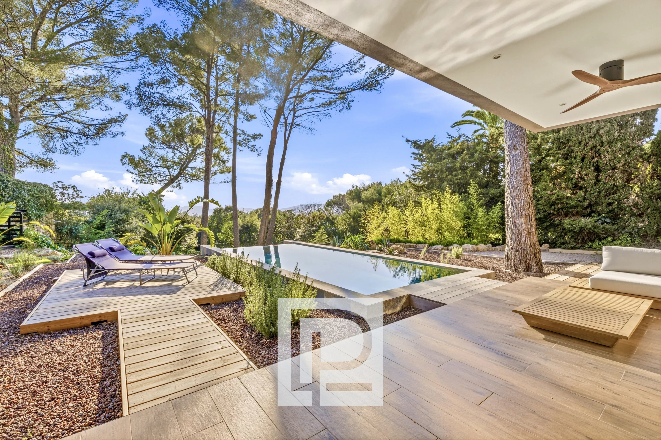 Modern backyard with a rectangular pool, wooden deck, and purple lounge chairs under a shaded patio.