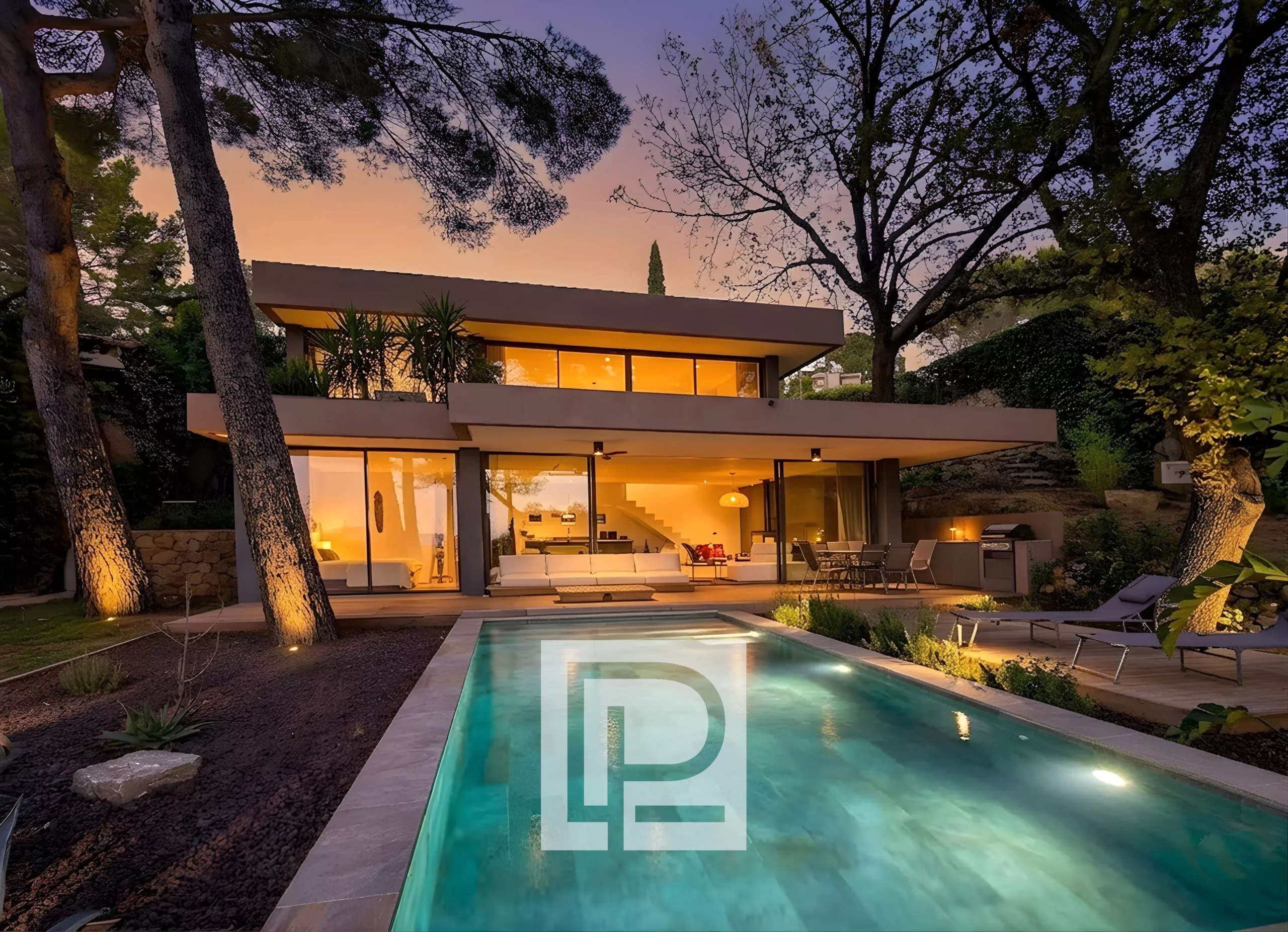 Modern two-story house with large glass walls, warmly lit interior, surrounded by trees at dusk, pool in foreground and outdoor seating area on the patio.