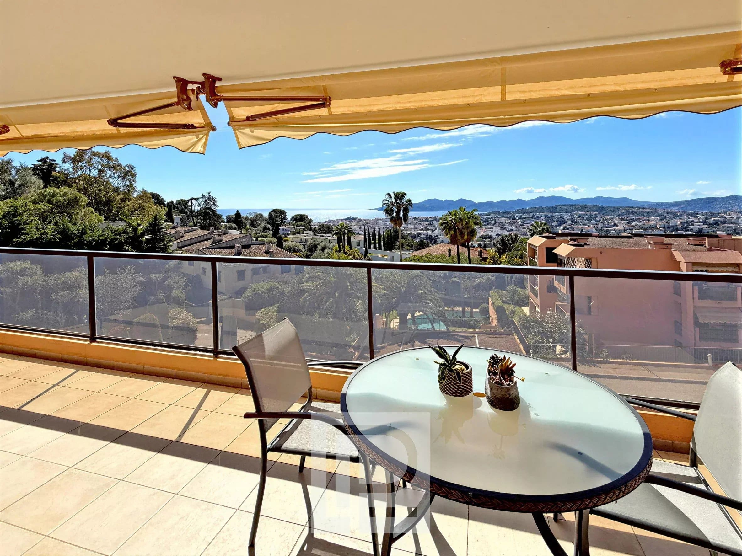 Vue depuis la terrasse d’un appartement au Cannet Terrasse d'un appartement avec vue sur la mer et le massif de l'Estérel, quartier Victoria, Le Cannet.