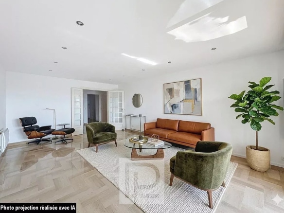 Salon lumineux d'un appartement avec mobilier moderne, vue sur la mer et l'Estérel.