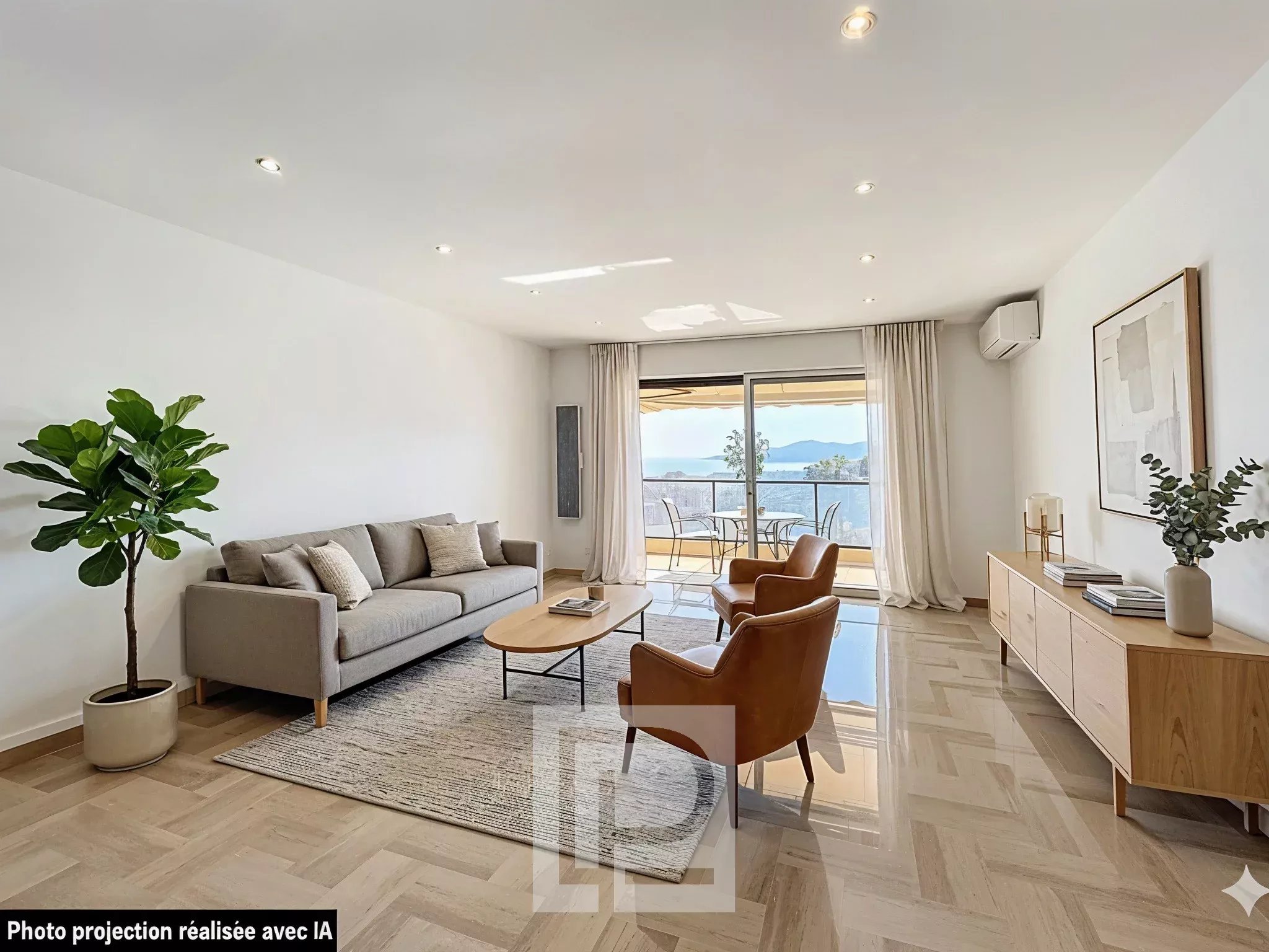 Salon avec vue mer à Le Cannet Salon lumineux d'un appartement avec vue sur la mer et le massif de l'Estérel, quartier Victoria, Le Cannet.