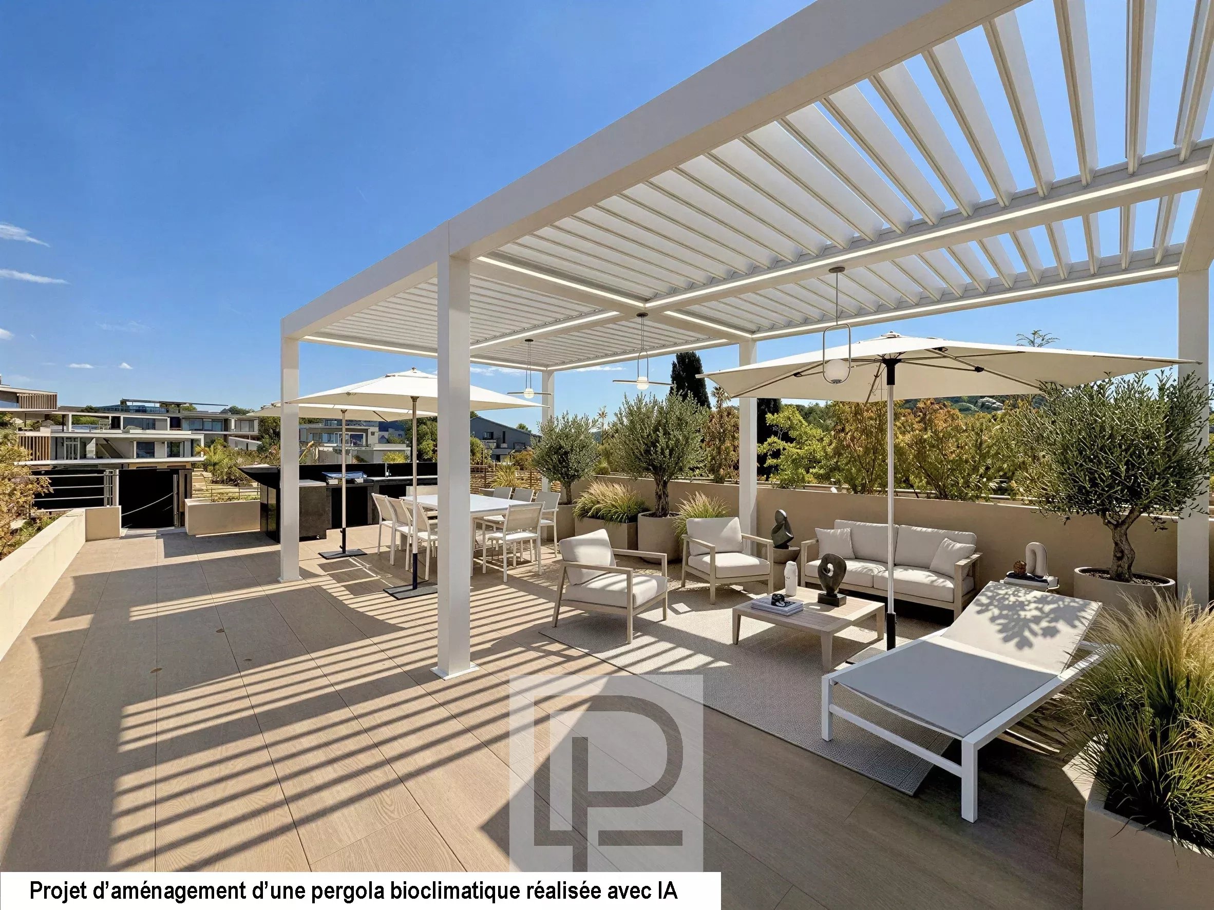 Terrasse avec pergola bioclimatique et mobilier de jardin dans un domaine résidentiel à Mougins.