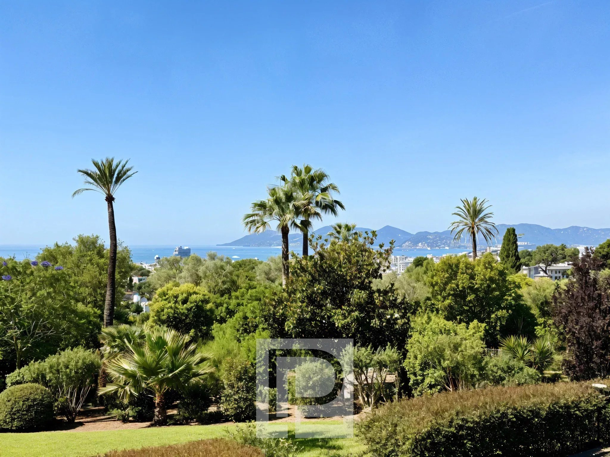 Sea view from Cannes Unobstructed view of the sea and palm trees from a green park in Cannes.