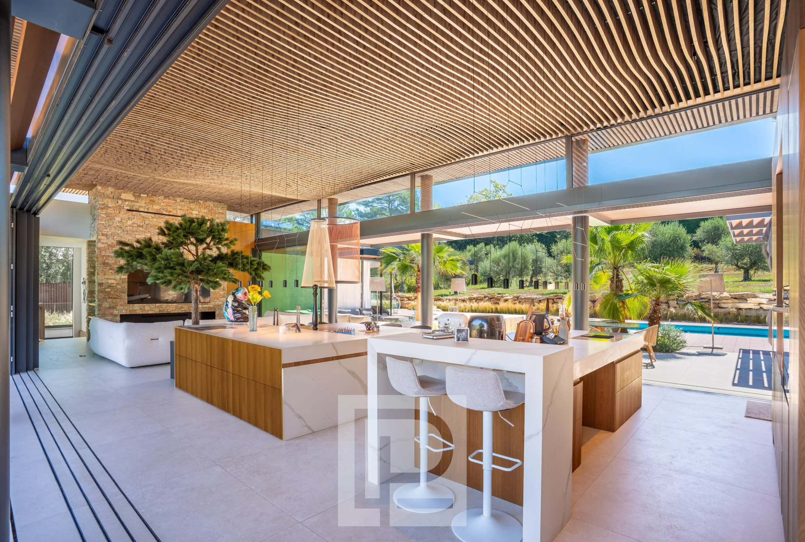 Contemporary villa in Mougins Interior of a contemporary villa with modern kitchen and bright living space in Mougins.