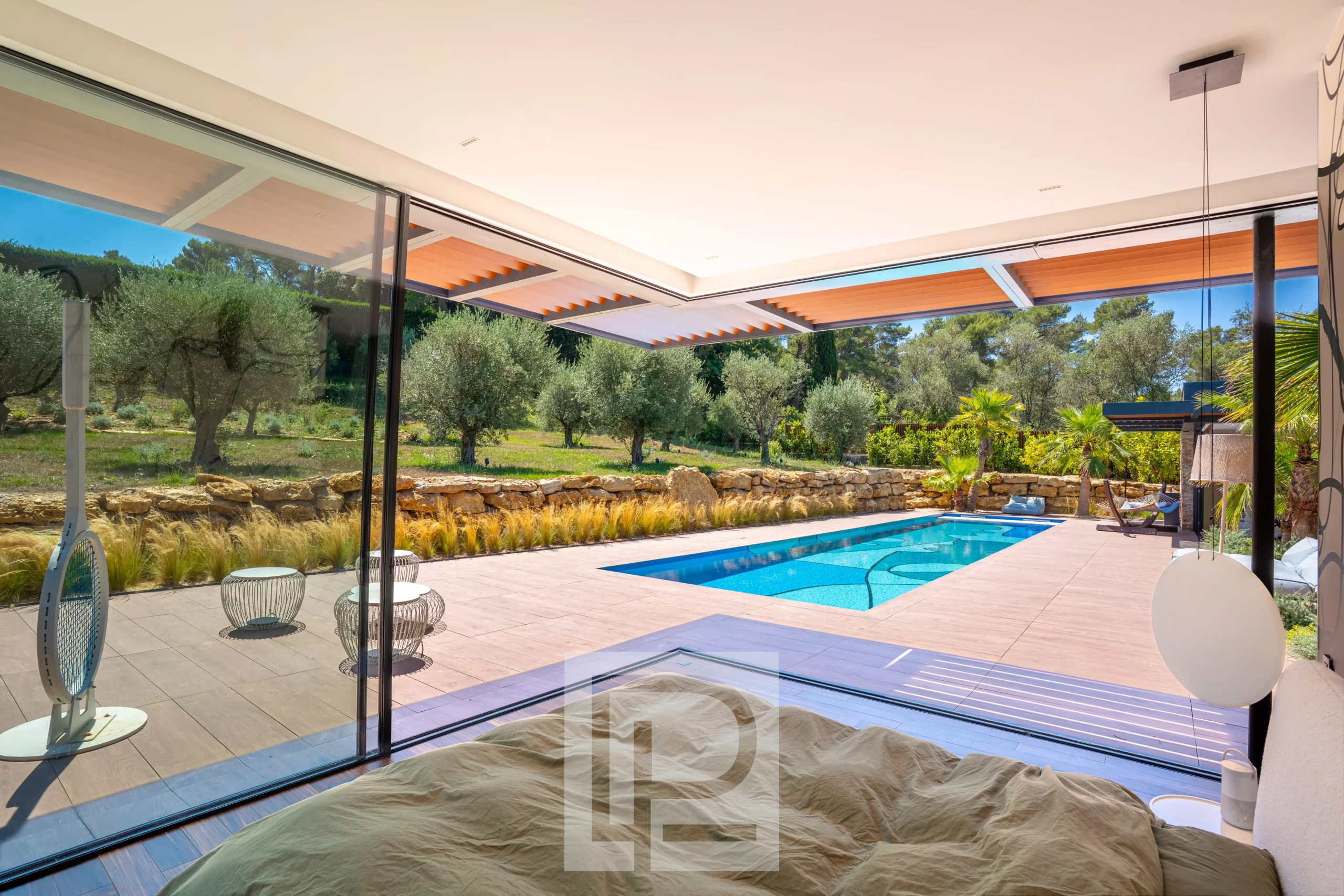 Contemporary villa in Mougins Interior of a contemporary villa overlooking the pool and garden in Mougins.