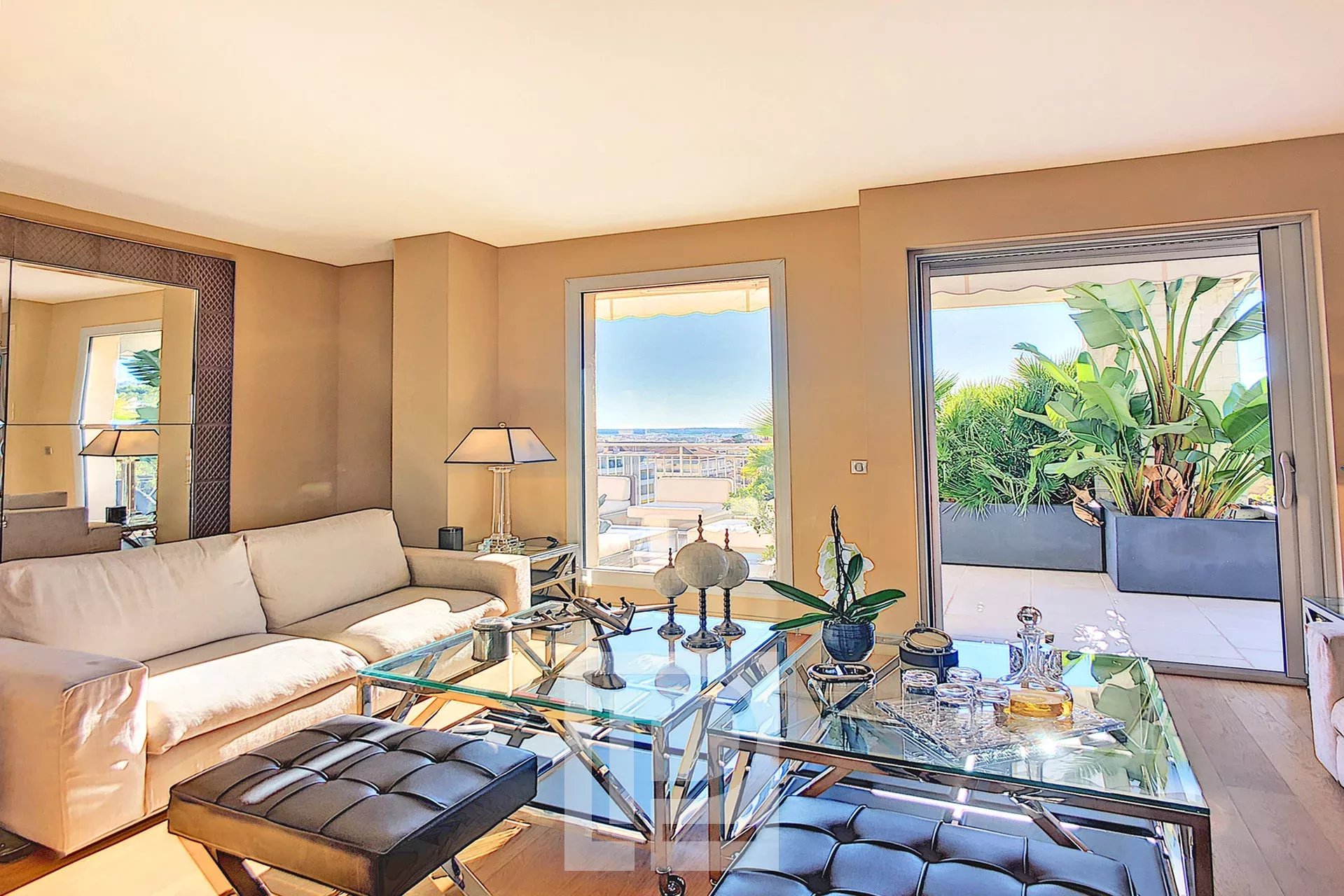 Apartment living room in Le Cannet Bright living room of an apartment with an unobstructed view, decorated with plants and modern furniture.