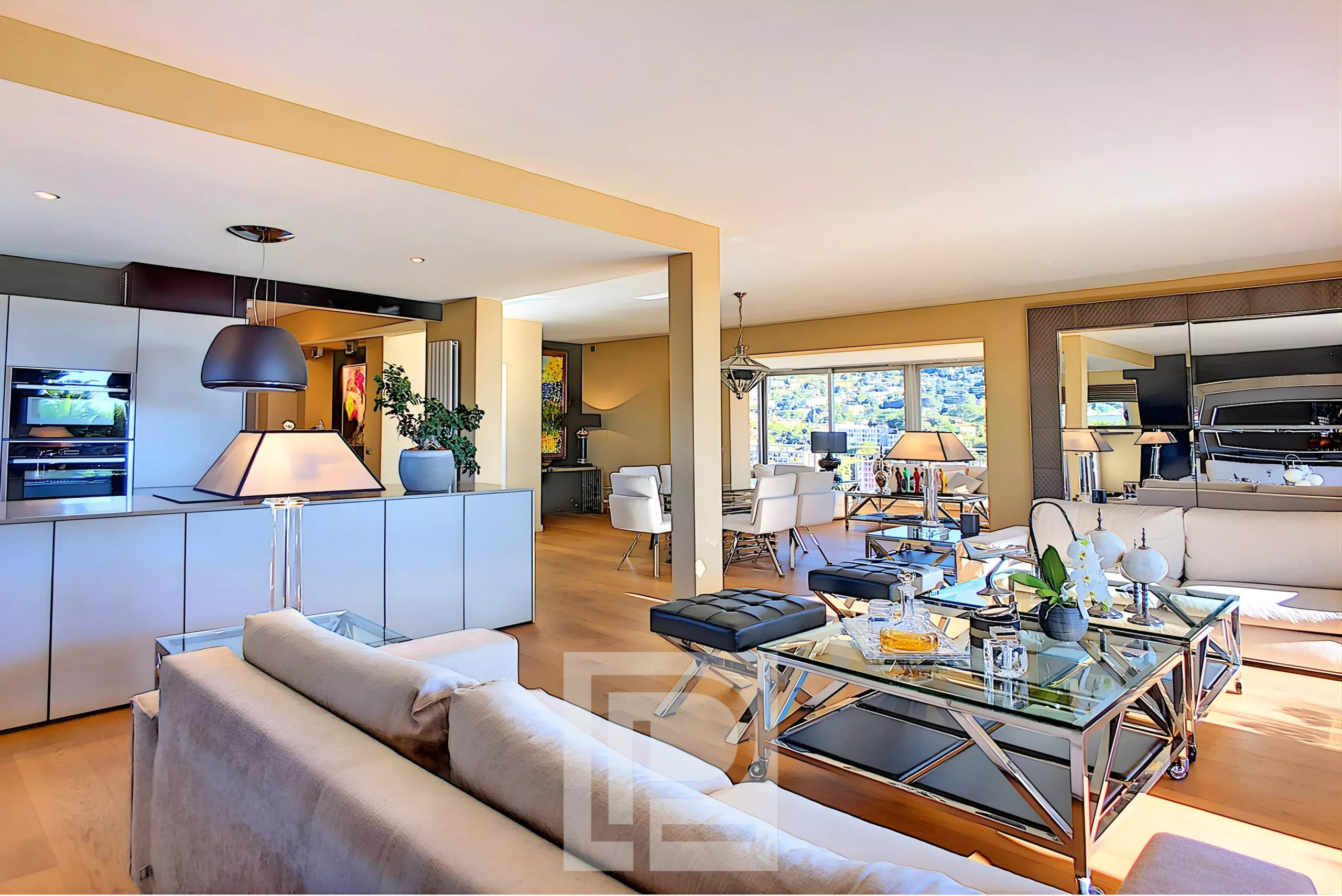 Modern apartment in Le Cannet Interior of a modern apartment with spacious living room and open kitchen, Le Cannet.