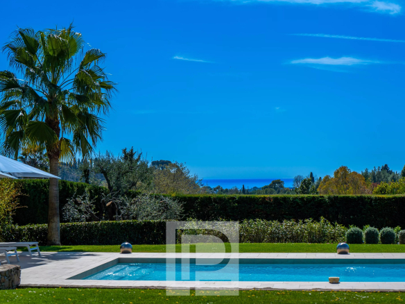 Vue d'une villa avec piscine, palmiers et mer en arrière-plan à Mougins.