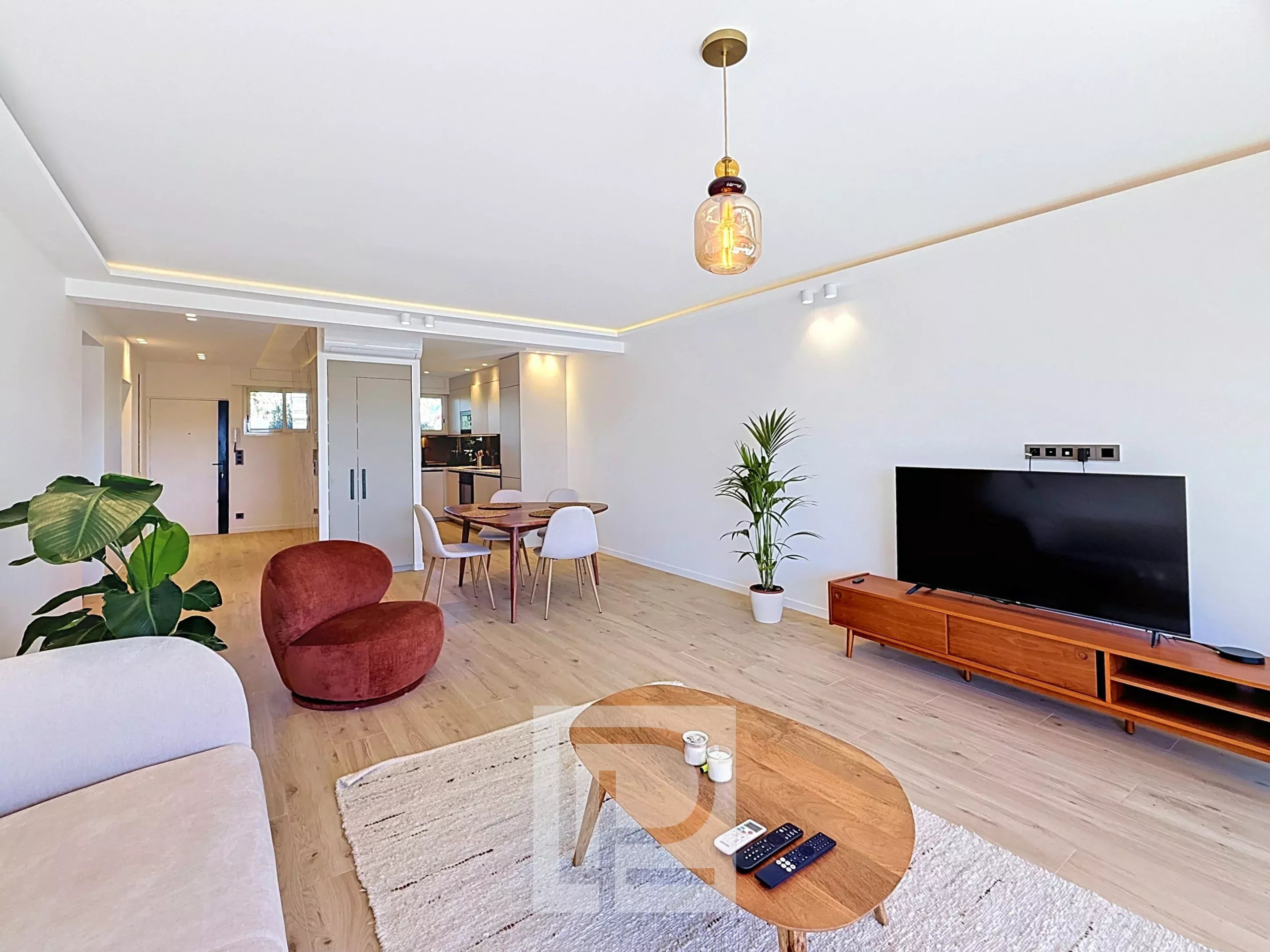 Appartement rénové à Cannes Intérieur d'un appartement rénové à Cannes, avec salon moderne, mobilier contemporain et télévision.