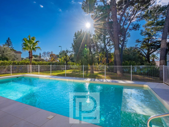 Piscine d'une résidence avec vue sur le soleil et des arbres au Cannet.