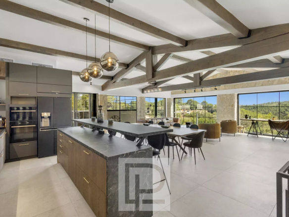 Intérieur d'une villa moderne avec cuisine ouverte et vue sur la nature à Valbonne.