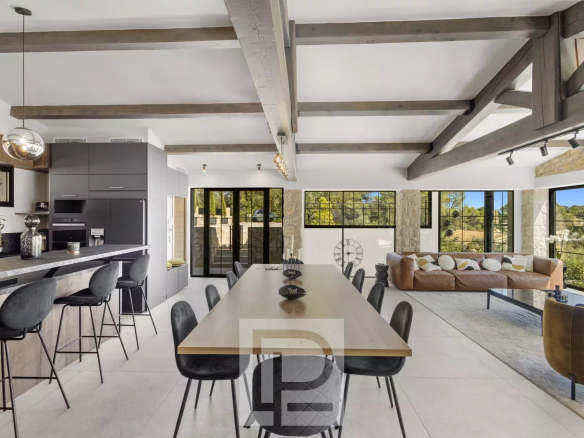 Intérieur d'une villa en pierre rénovée à Valbonne, avec cuisine moderne et salon lumineux.