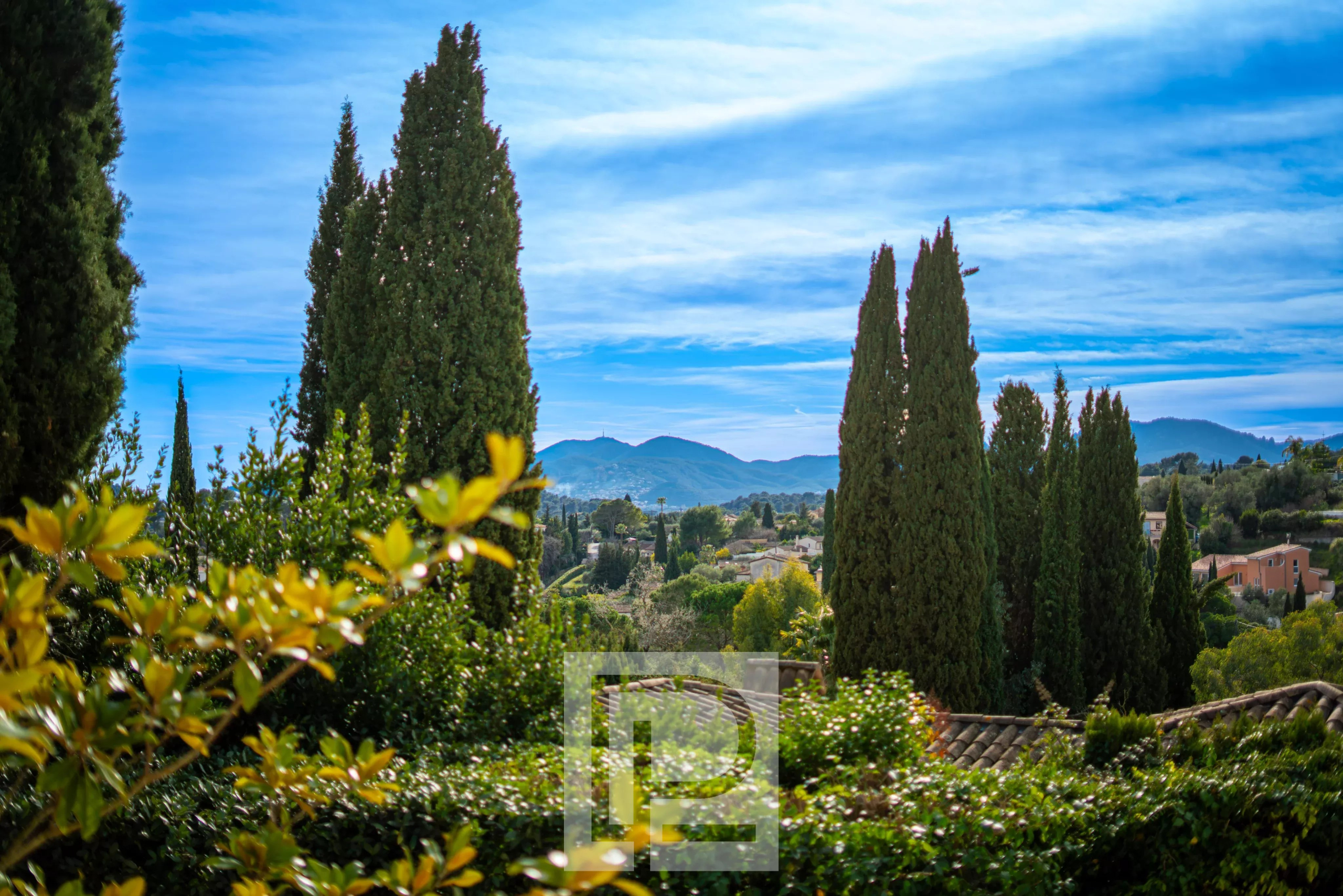 Vue depuis une villa à Mougins Vue dégagée sur des cèdres et des collines depuis une villa contemporaine à Mougins.