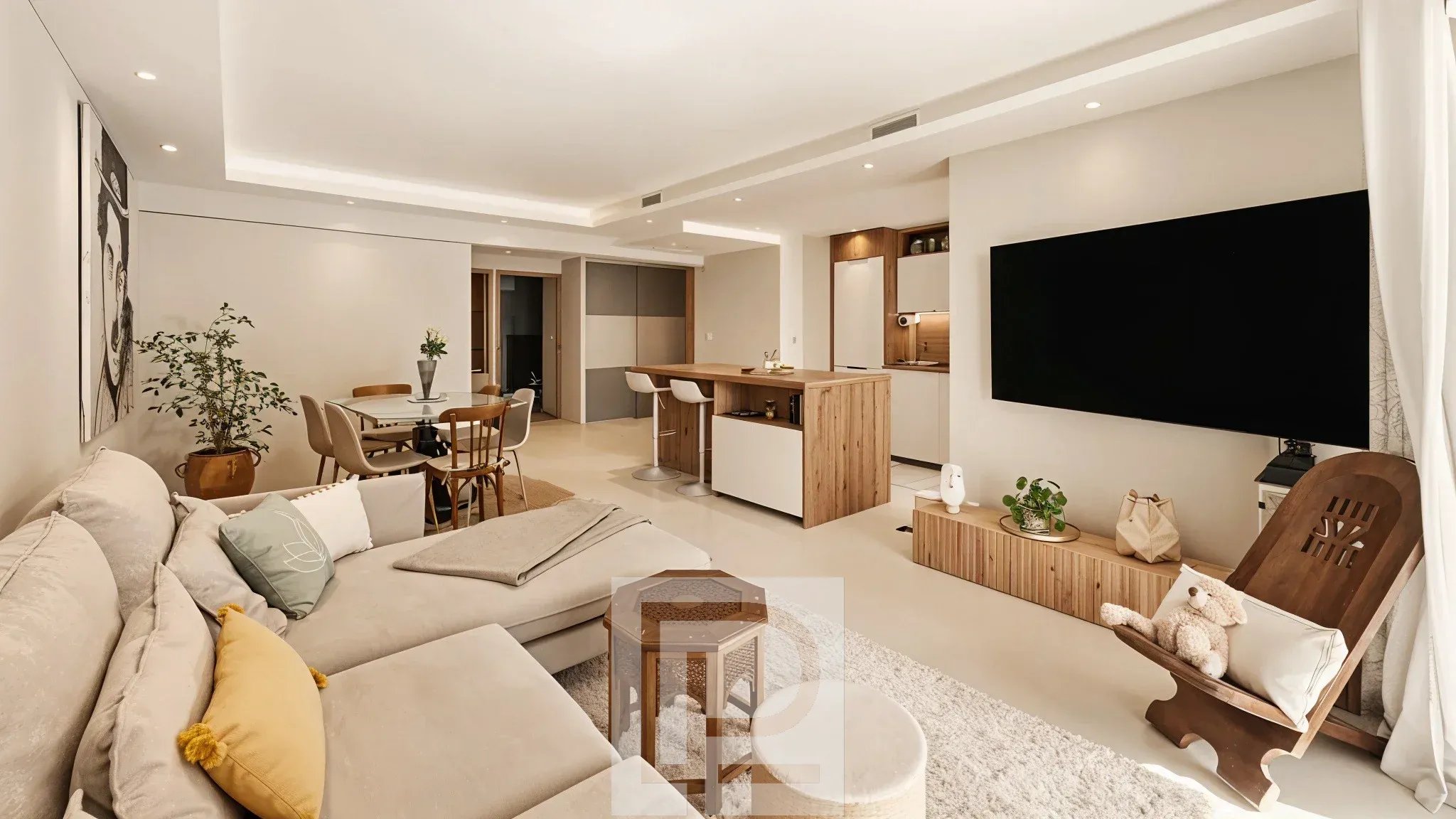 Appartement rénové à Le Cannet Intérieur d'un appartement rénové avec salon, cuisine ouverte et espace repas.