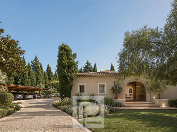 Entrée d'une villa avec allée en gravier et stationnement, entourée de végétation à Mougins.