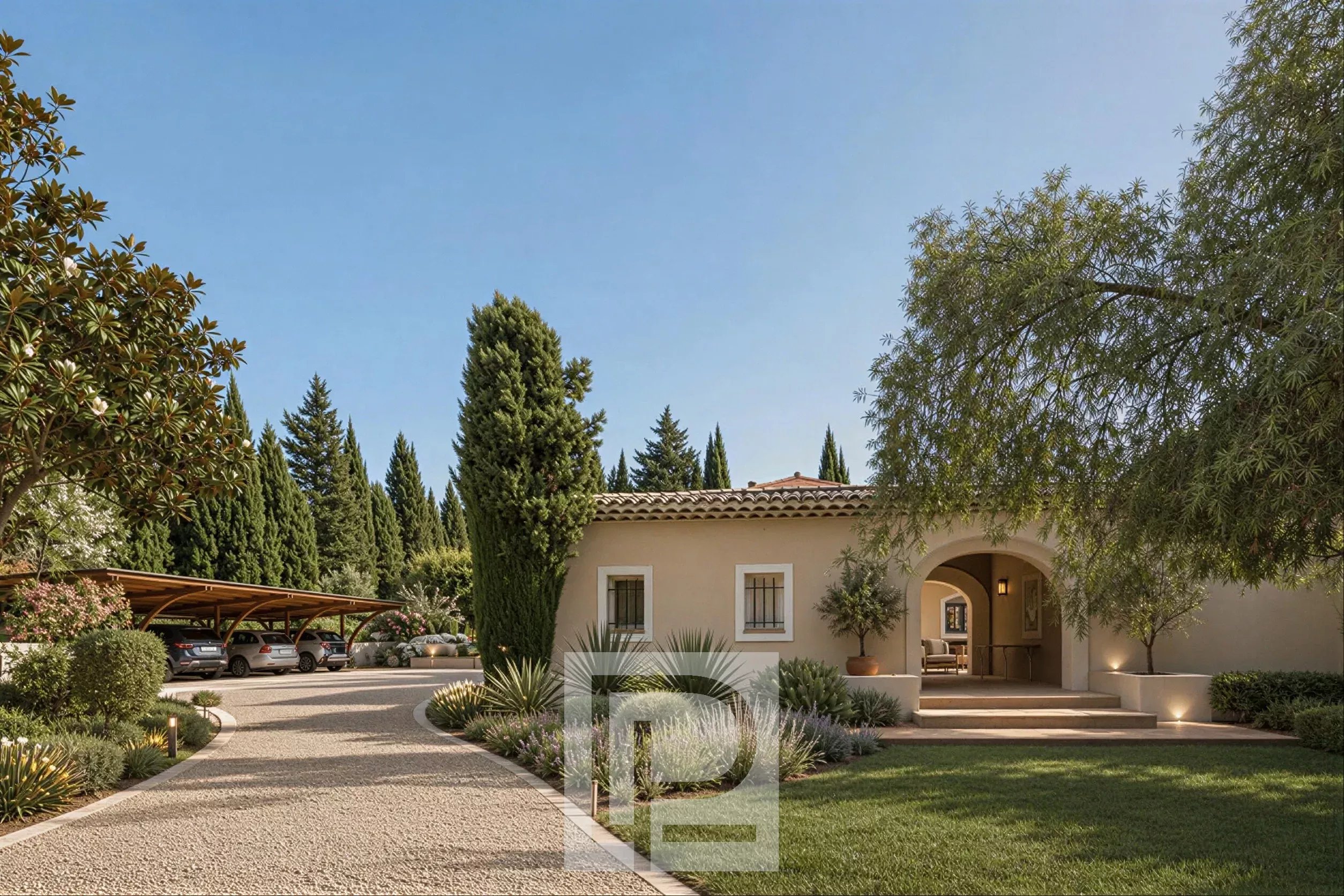 Entrée d'une villa avec allée en gravier et stationnement, entourée de végétation à Mougins.