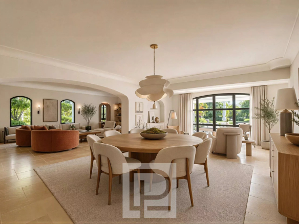 Intérieur d'une villa moderne à Mougins avec salon et salle à manger spacieuse.