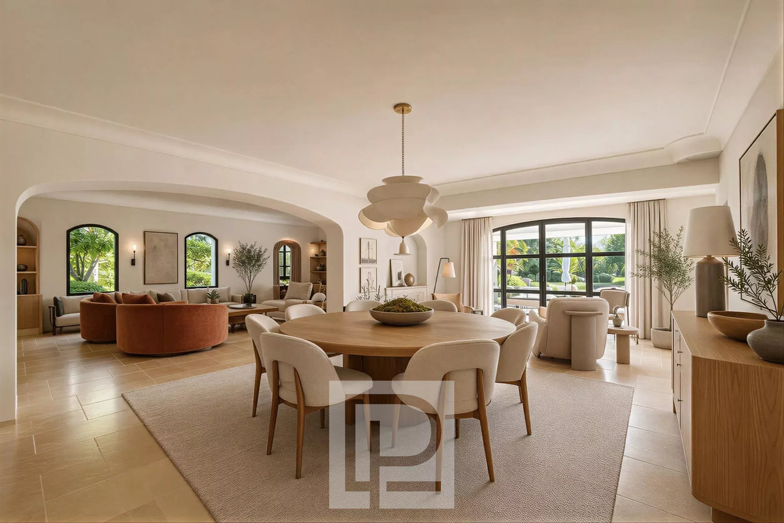 Intérieur d'une villa moderne à Mougins avec salon et salle à manger spacieuse.