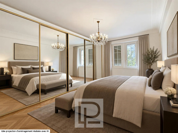 Chambre d'appartement rénové avec style bourgeois, murs clairs et grands miroirs.
