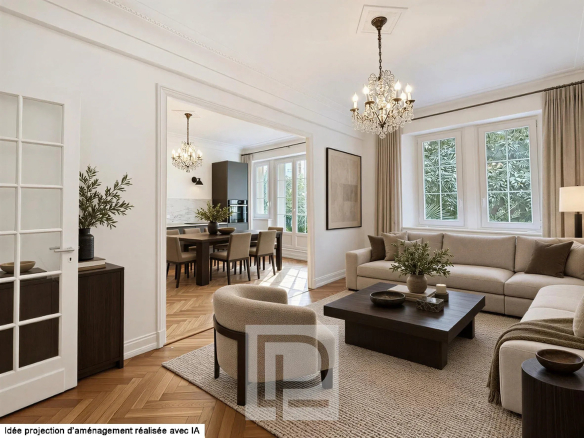 Salon d'un appartement bourgeois rénové à Cannes, avec mobilier moderne et lumière naturelle.