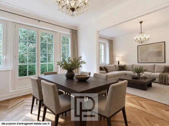 Intérieur d'un appartement bourgeois rénové avec salle à manger et salon, fenêtres donnant sur un jardin.