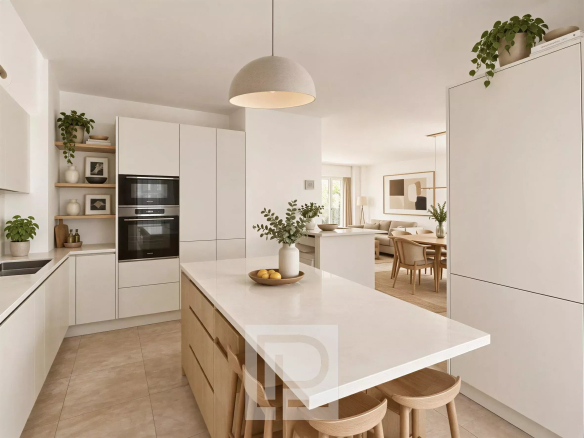 Modern kitchen with central island and white furniture, potted plants, apartment in Cannes.
