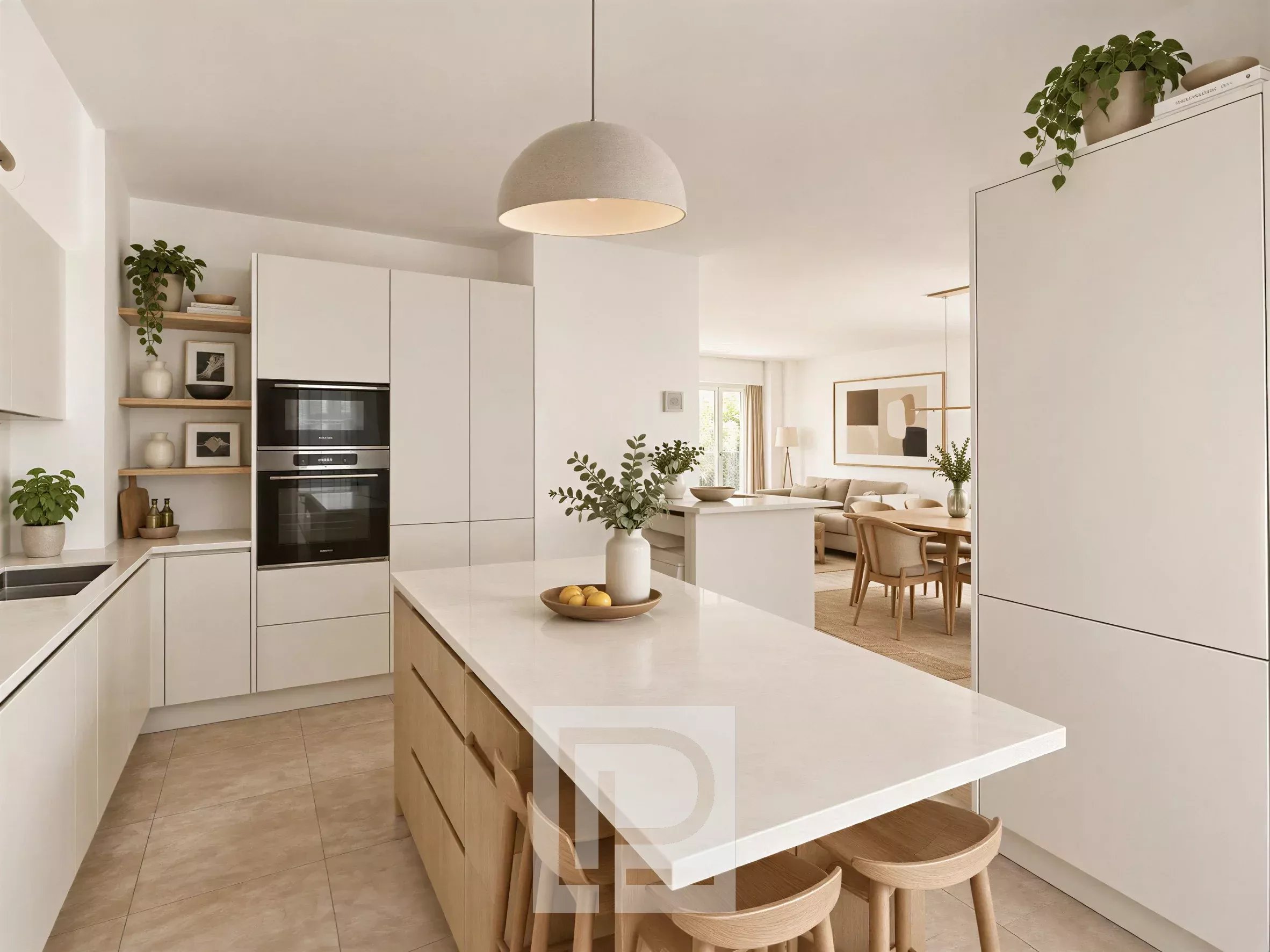 Modern cuisine in Cannes Modern kitchen with central island and white furniture, potted plants, apartment in Cannes.