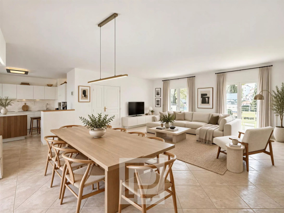 Interior of a modern apartment with living room, dining room and open kitchen.
