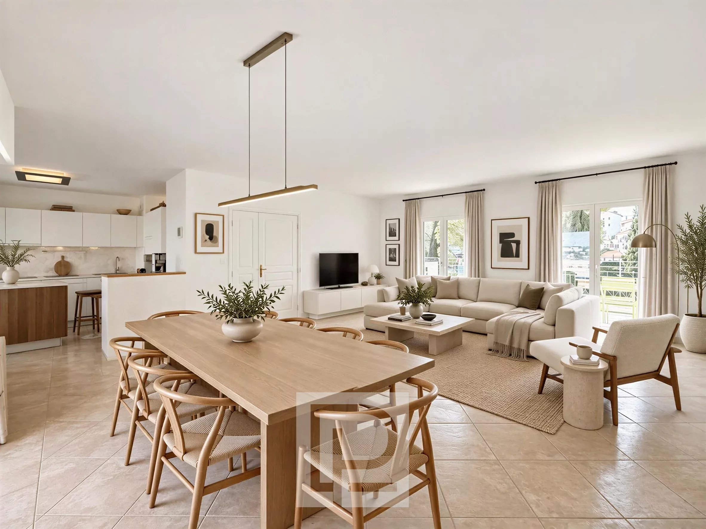 Modern apartment in Cannes Interior of a modern apartment with living room, dining room and open kitchen.