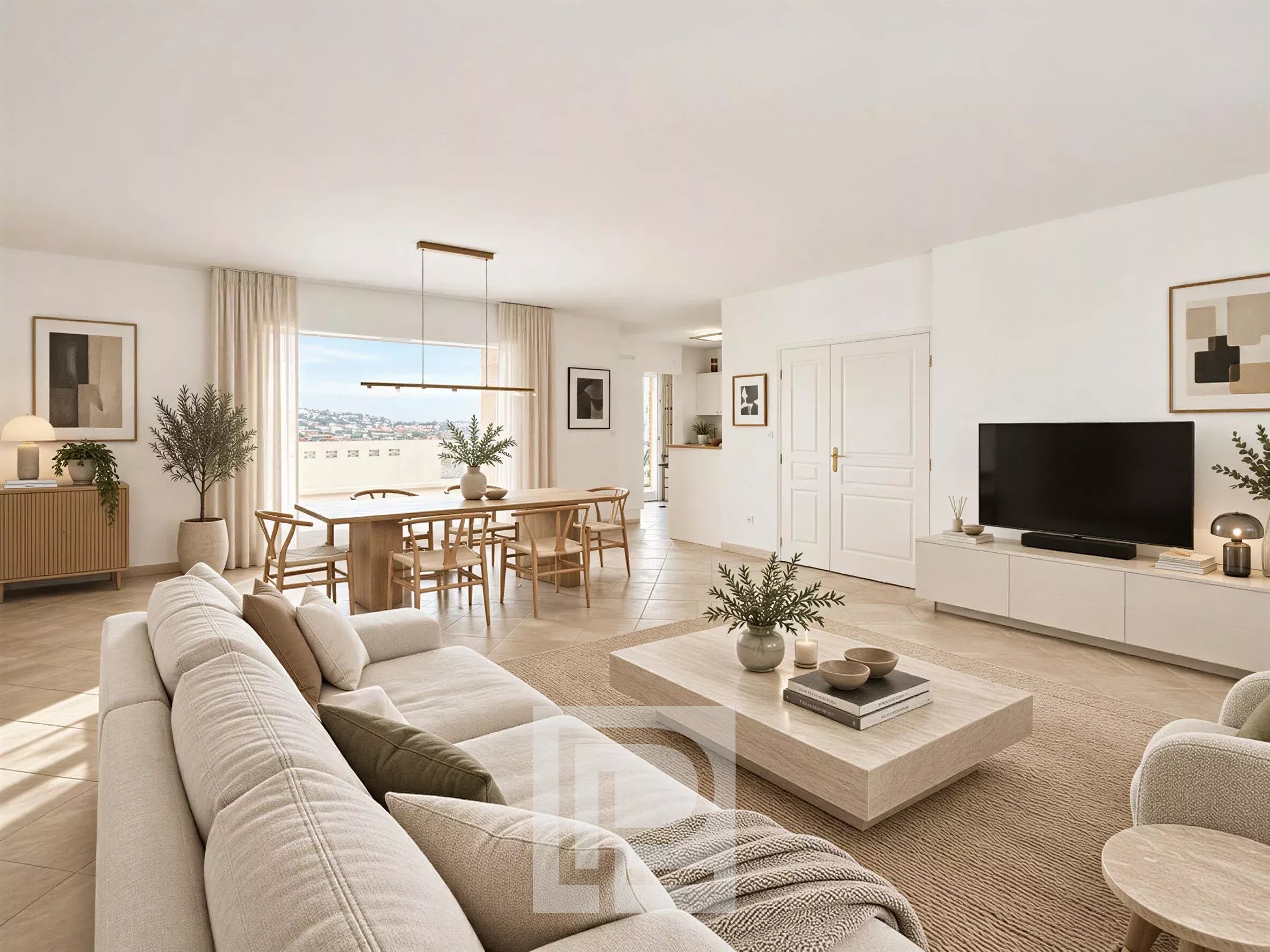 Living room of an apartment in Cannes Spacious living room of an apartment in Cannes with a view of the city.