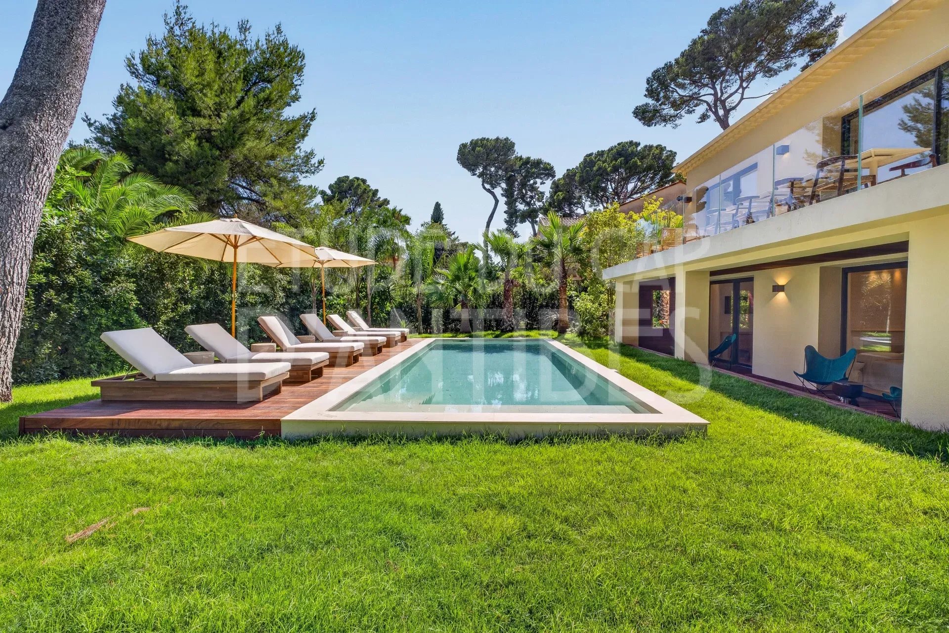 Villa moderne avec piscine et chaises longues dans un jardin arboré à Antibes.