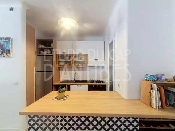 Cuisine américaine d'un duplex à Antibes avec plan de travail en bois et éléments de rangement.