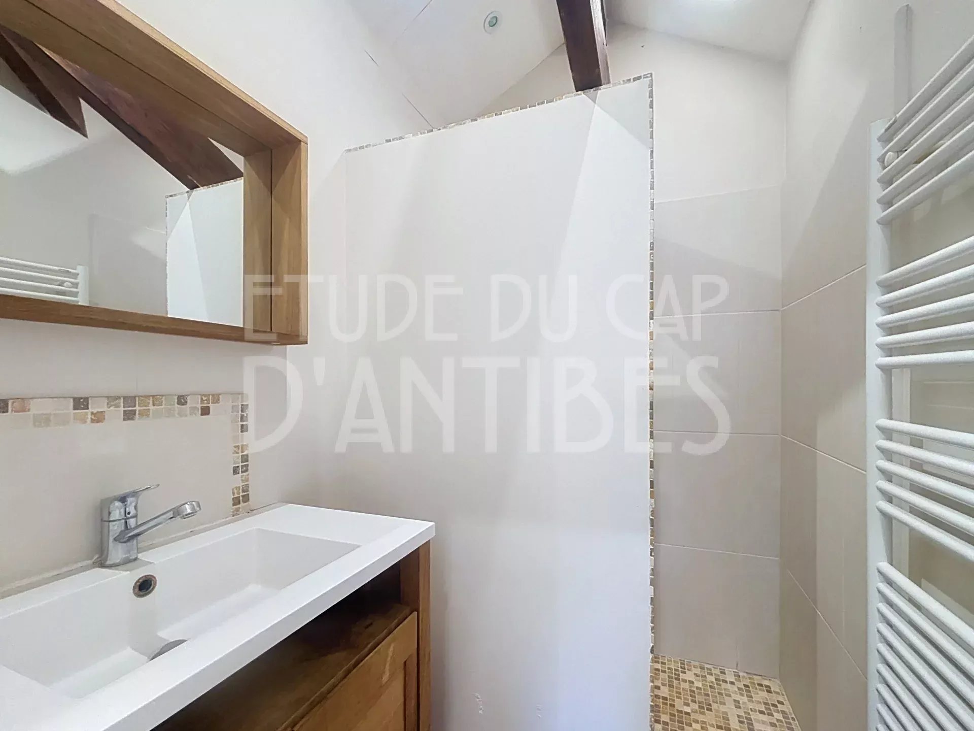 Salle de douche dans un duplex à Antibes Salle de douche moderne avec lavabo et miroir dans un appartement duplex à Antibes.